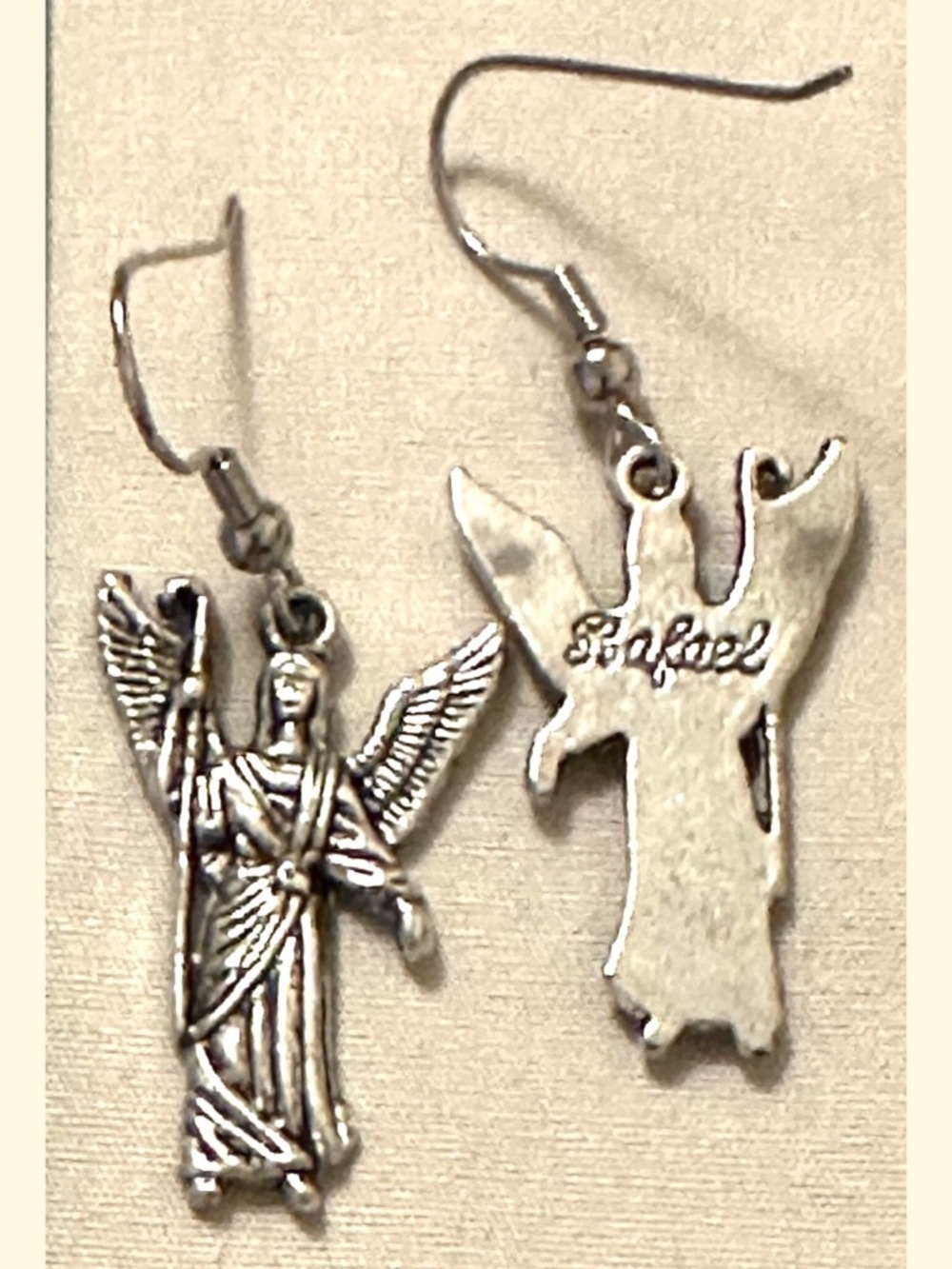 Archangel Raphael Earrings Silver Tone Angel Dangle Handmade Spiritual Healing